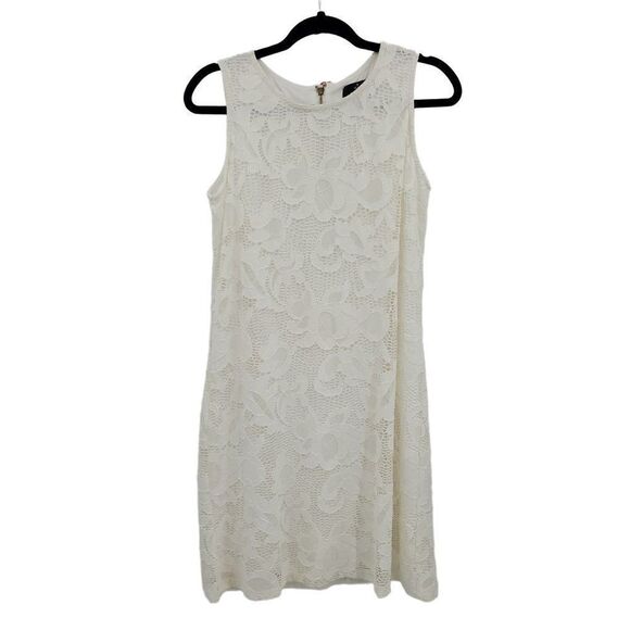 Womens Ronni Nicole Dress Sleeveless Scoop Neck Tea Length Shift White Lace Sz S - Picture 1 of 4